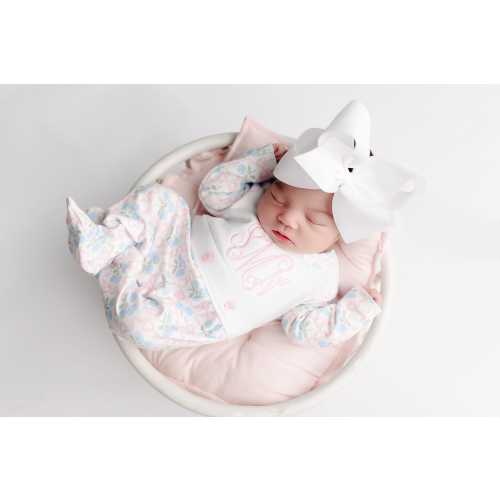 baby girl coming home outfit, grand millennial monogrammed coming home outfit, sk creations, bib front outfit, floral LP