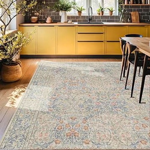Washable Dining Room Rugs, 6x9 Area Rug for Living Room, Bedroom, Kids Playroom, Baby Nursery - Low Pile Non-Slip Lightweight - Oriental Vintage Design & Stain Resistance (6x9 Light Beige Blue)