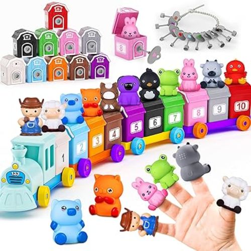 Toddler Train Toys for 1 2 3 4 Year Old, Counting, Matching, Sorting, Preschool Montessori Learning Toy, 10 Farm Animals, Finger Puppet, Keys and Barns, Christmas, Birthday Gifts for Baby Boys Girls