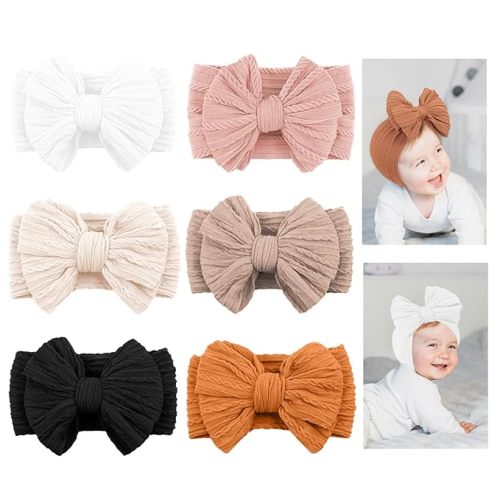 6pcs Baby Girl Bows Stretchy Soft Nylon Headbands Elastic Hair Bands with Bows For Newborn Baby Girls Infant Toddlers Kids - Brown
