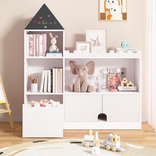 Decofy Toy Storage Organizer, Kids Castle Bookshelf, 6 Cubby Children Bookshelf, 39.4’’ Wood Montessori Shelf Baby Book Shelf for Nursery, Playroom, Living Room (White)