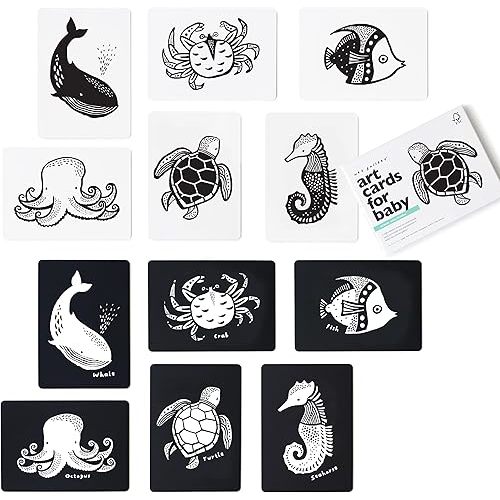 Wee Gallery Black and White Animal Art Cards for Babies, Durable High Contrast Vision Cards, Brain Development Educational Learning Tool for Newborn, Infant, Baby, Toddler - Ocean Animals