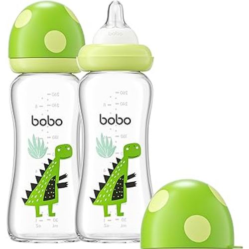 YOHKOH Natural Glass Baby Bottle with Natural Response Nipple, Newborn Anti-Colic Baby Bottles, Wide Neck Mushroom Cap Baby Bottle, Clear (8.8ounce (Pack of 2), Green2)