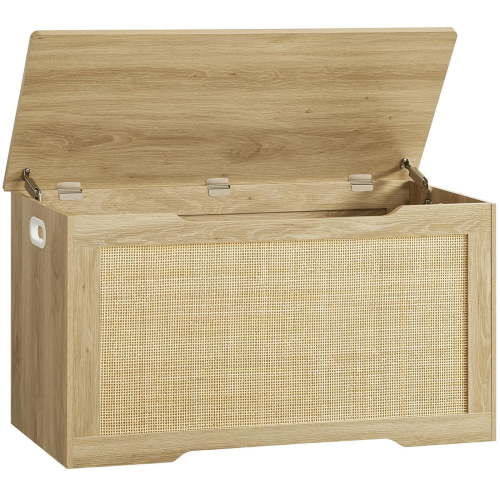 Rattan Storage Chest, Wooden Toy Chest with 2 Safety Hinges, Lift Top Storage Box with Gel Bumpers, Storage Trunk, Storage Bench for Hallway, Natural