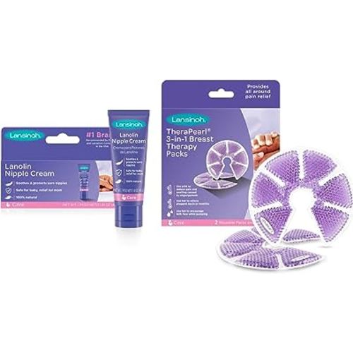Lansinoh Lanolin Nipple Cream, 1.41 Ounces, and Breast Therapy Packs with Soft Covers, 2 Pack, Breastfeeding Essentials for Moms
