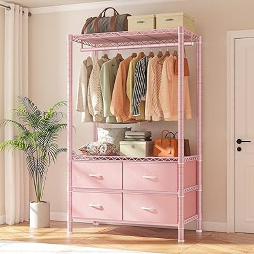 Raybee Clothes Rack, Clothing Rack for Hanging Clothes with 4 Drawers Load 450LBS Heavy Duty Garment Rack Portable Closet with Drawers, Pink