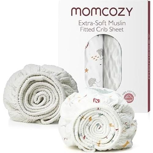 Momcozy Muslin Standard Fitted Crib Sheets, 52"x28", 2 Pack Soft Breathable Natural Cotton Baby Mattress Sheet, 360° Mattress Wrapping No Slip Boys Girls Neutral Toddler Bed Sheet, Sea World Fantasy