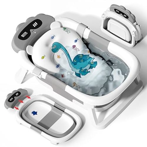 AVIDOR Baby Bathtub,Collapsible Bathtub for Newborn to Toddler,Durable Essential Infant Bath Tub,Portable Travel Baby Tub with Soft Bath Net,No-Slip Feet and Dinosaur Shaped (Grey)