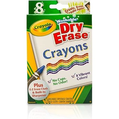 Crayola Washable Dry Erase Crayons (8ct), Includes Eraser Mitt & Sharpener, Classroom Supplies for Teachers