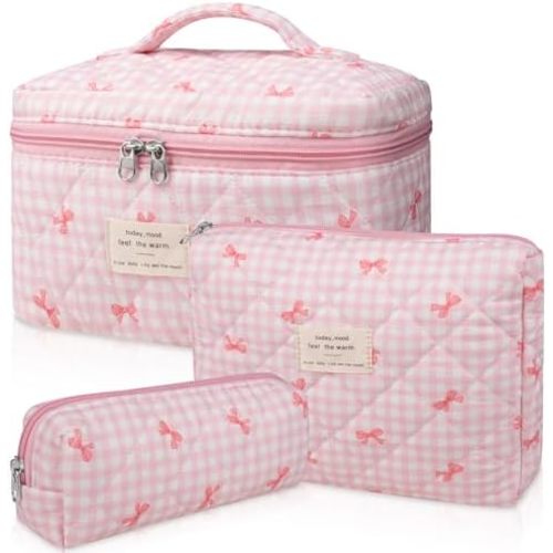 3PC Makeup Bag Set, Quilted Makeup Bag, Large Floral Cosmetic Bag for Women, Cute Cotton Makeup Bags, Flower Travel Toiletry Organizer Bag(Pink Plaid Bow)