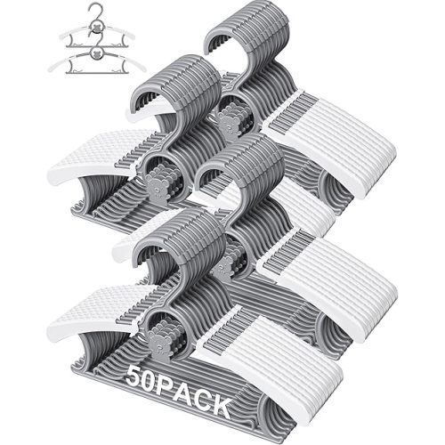 50 Pack Baby Hangers for Nursery Closet, Adjustable Non-Slip Kids Hangers with Windproof Buckle, 11-14" Infant Child Plastic Clothes Pants Toddler Hanger for Boys Girls Newborn Adult, Grey