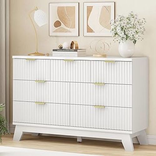 Fluted Dresser for Bedroom with 7 Drawers, 48" Wide Modern Chest of Drawers with Metal Handle, Wooden Dresser TV Stand, Wood Closet Clothes Storage Organizer for Living Room, Hallway, White
