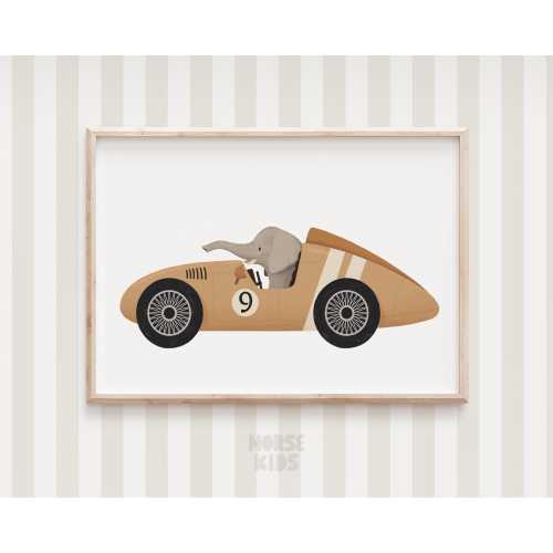 Nursery racing car, Retro race car, Animal driving a car, Whimsical animals, Cute elephant print, Cute nursery animals, Safari elephant art