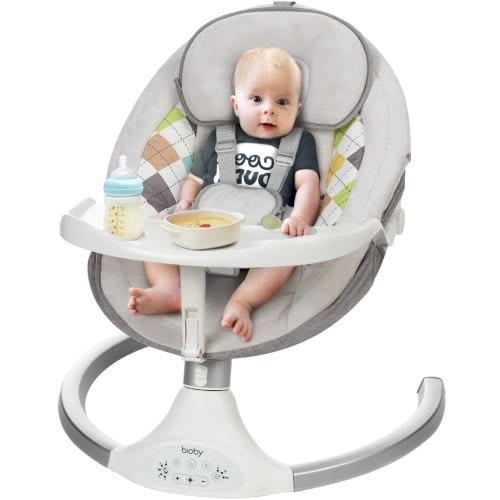 Baby Swing Chair for Infants, Baby Rocker with Dinner Plate, 5 Swing Speeds, Adapter Battery Operated, Indoor Outdoor, Grey