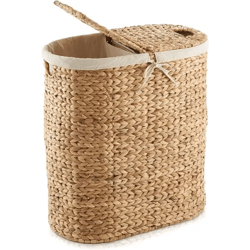 Casafield Oval Laundry Hamper with Lids and Removable Liner Bags - Natural, Woven Water Hyacinth 2-Section Laundry Basket Sorter for Clothes and Towels