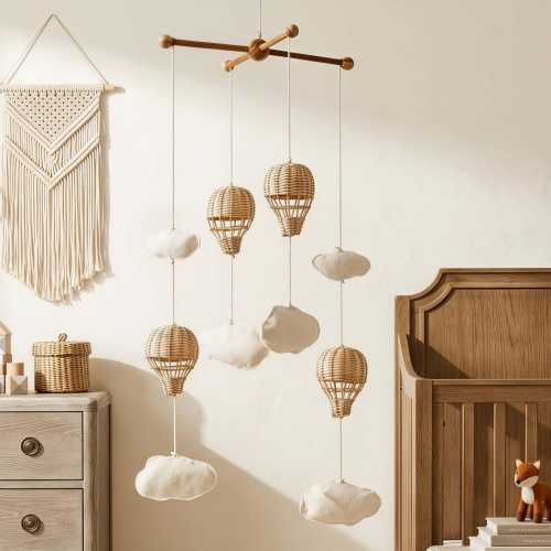 Rattan Hot Air Balloon Baby Mobile, Boho Nursery Decor, Handwoven Clouds Hanging Ornament, Natural Wicker Sky Mobile for Kids Room, 4 Styles