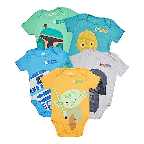 STAR WARS Baby Boys Bodysuit 5-Pack - Baby Bodysuits With Darth Vader, Boba Fett, Yoda, C-3PO, R2-D2 - Baby
