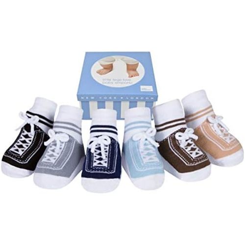 Baby Boy Socks with Sneaker Shoe Look-Non-slip Gripper Soles-3 or 6 Pairs-Cotton-Gift Packaged-Baby Shower-Faux Shoelaces