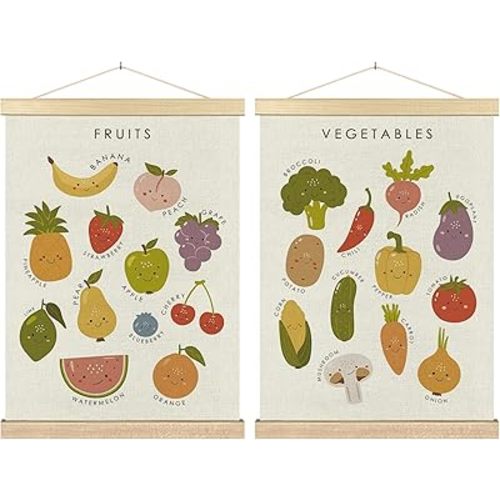 BCUANGD Fruits Vegetables Wall Decor - Toddlers Kids Preschool Poster Hanger with Wood Frames Set of 2, Educational Learning Wall Hanging Canvas Decor for Kids Room Nursery Home, 12x16 Inches