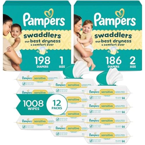 Pampers Baby Diapers and Wipes Starter Kit, Swaddlers Disposable Sizes 1 (198 Count) & 2 (186 Count) with Sensitive Water Based 12X Multi Pack Pop-Top Refill (1008 Count)