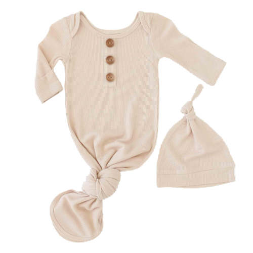 Oatmeal Bamboo Waffle Newborn Baby Knot Gown & Hat Set