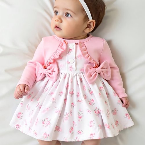 Long-sleeve Patchwork Bow-tie Dress Paired with a Cute Headband