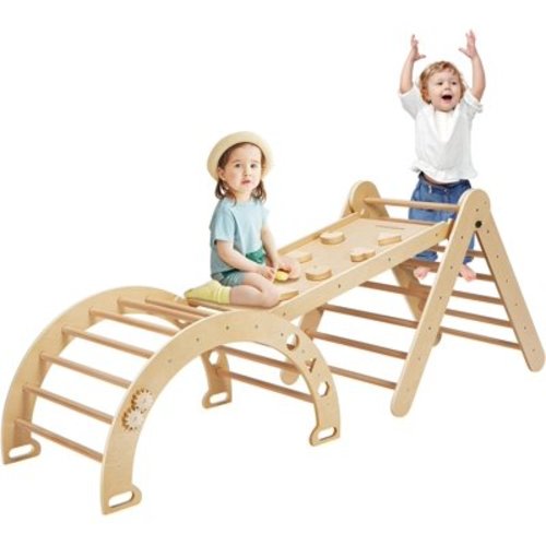 SPECSTAR 8 in 1 Pikler Triangle Set, Wooden Climbing Toys for Toddlers Montessori Climbing Set Indoor Play Gym for Kids - Natural