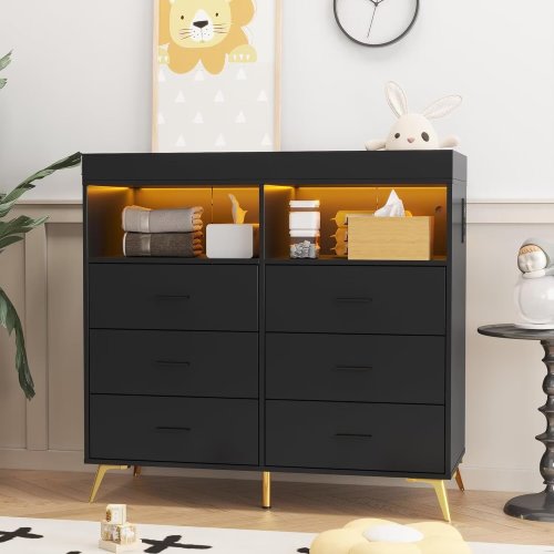 6 Drawers Dresser for Bedroom with LED Light & Power Outlet, Baby Changing Table Dresser with Changing Pad, Baby Diaper Changing Station for Daycare, Bedroom
