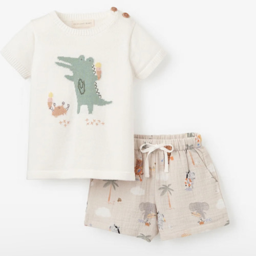 Alligator Knit Pullover + Seaside Safari Organic Muslin Short Set – Elegant Baby