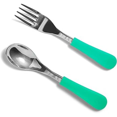 Avanchy Baby Spoons, Forks Stainless Steel and Silicone Set, Self Feeding Food Utensils, 4 Months Baby Led Weaning
