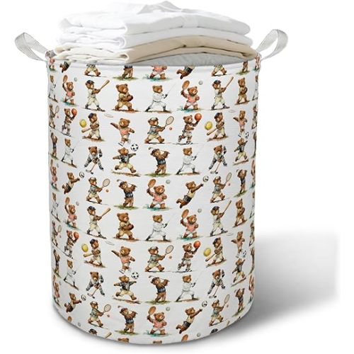 TAZSWDMM Sports Bear Nursery Laundry Basket Hamper, Sports Decor for Boys Bedroom, Cute Bear Player Foldable Clothes Toys Books Storage Box Bins Baskets Organizer for Kids Boys Room Playroom