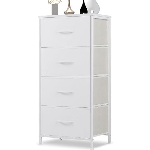 DUMOS Dresser for Bedroom, 4 Storage Drawers, Tall Fabric Closet Chests Organizer Tower Furniture with Wooden Top Metal Frame for Clothes, Nursery Room, Living Room, Hallway, Entryway