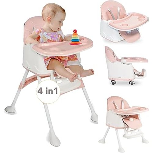 4-in-1 Honey Baby High Chair - Booster Seat for Dining Table, Convertible Baby Highchair with Wheels, Dining Seat and Toddler Chair - for Ages 6 Months and Up to 50.7lb - Pink - Maxibaby