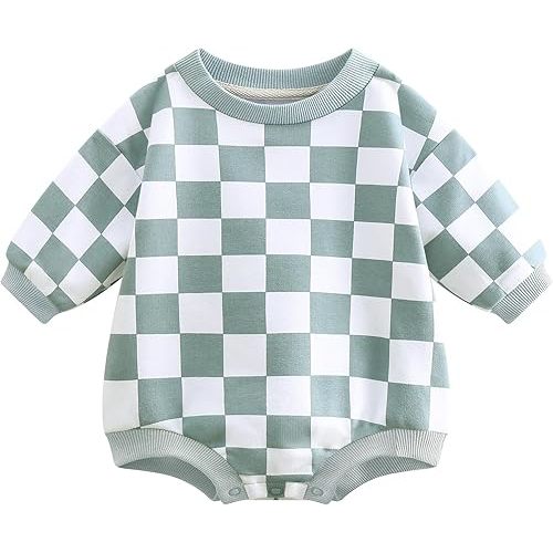 Bafeicao Baby Boy Girl Checkerboard Sweatshirt Romper Organic Cotton Checkered Bubble Romper Oversized Long Sleeve