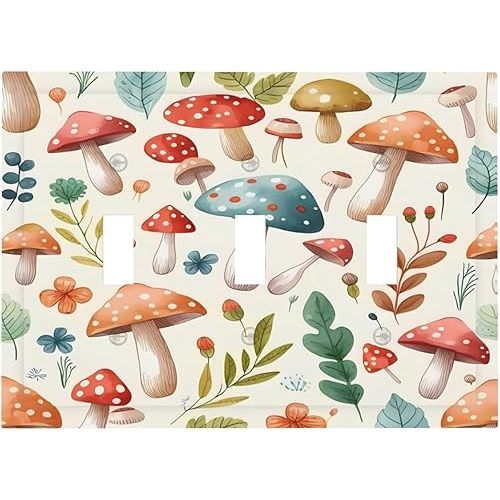 Decorative Light Switch Cover Plate Boho Mushroom Colorful Plant 3 Gang Wall Plate Cover Triple Toggle Switch Plate Covers Electrical Device Switchplate Receptacle Faceplate