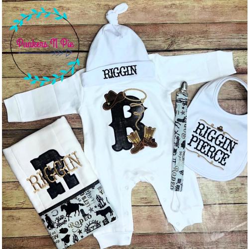 Cowboy gift set for baby boy - Baby Boy Coming Home Outfit - Personalized romper bib and burp cloth