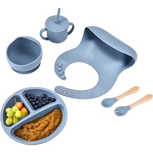 Childlike Behavior Baby Blue Weaning Set of 6 - Silicone Feeding - Self Feeding Baby Wooden Fork and Spoon, Plates, Bibs, Easy to Grip, Dishes and Cups - Elephant Eating Learning Essentials
