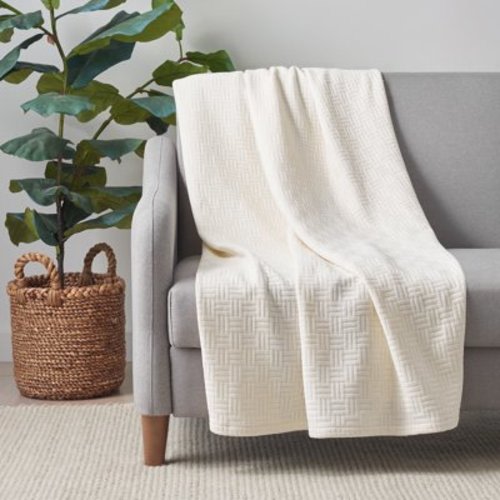 Host & Home 100% Cotton Basketweave Throw, Lightweight Blanket, 300GSM, 50x70, Ivory