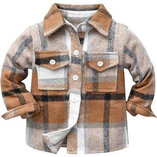 Toddler Flannel Shirt Jacket Plaid Long Sleeve Lapel Button Down Shacket Little Boys Girls Shirts Fall Coat Outerwear