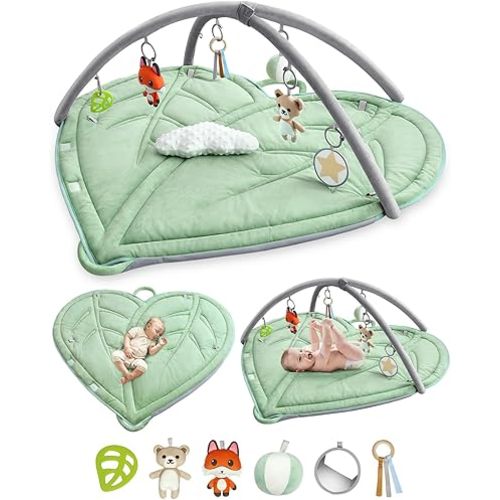 Baby Tummy Time Play Gym Mat - Large Newborn Montessori Activity Center Playmat for Floor with 6 Hanging Sensory Toys & Waterproof Nappy - 45" Portable Infant Mat for Babies 0-6-12 Months with Handle