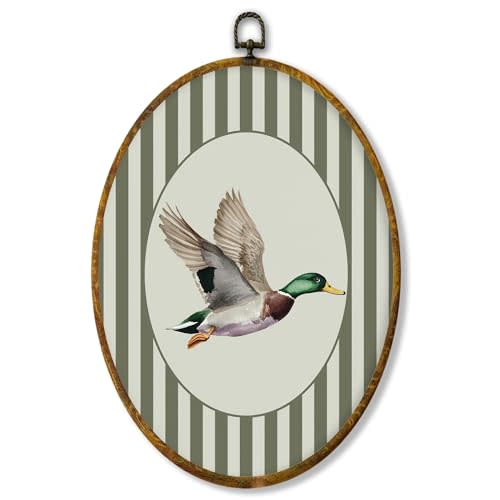 shiviody Flying Mallard Duck Nursery Canvas Wall Art Decor, Green Striped Nursery Decor, Farm Animal Hunting Oval Hanging Frame Prints Decorations for Home Kids Toddler Room Bedroom Playroom 8.6"x11.4"