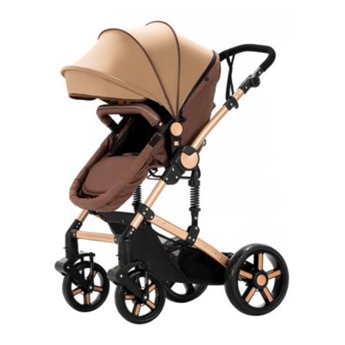 3 in 1 Foldable Reclining Newborn Pram,Easy Fold Airplane Travel Systems Baby Stroller,Unisex(Khaki)