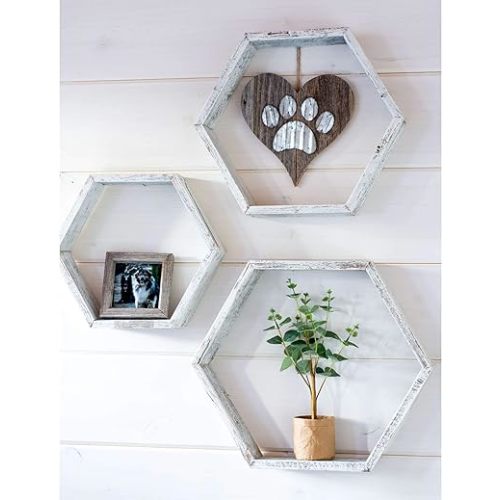 BARNWOODUSA Hexagon Floating Shelves Set of 3 Rustic Farmhouse Reclaimed Wood Honeycomb Shelves Wall Hanging Octagon White Wash