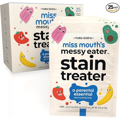 Miss Mouth's Messy Eater Stain Treater Wipes - 25 Pack Stain Remover - Newborn & Baby Essentials - No Dry Cleaning Food, Grease, Coffee Off Laundry, Underwear, Fabric - 25 wipes