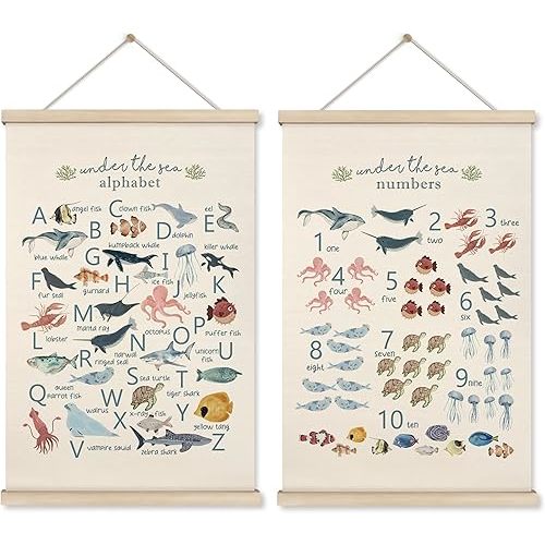 HRQKO Ocean Alphabet Poster Hanger Frame Set of 2, Ocean Nursery Decor, Sea Animal Wall Decor, ABC Poster Art with Wooden Frames, Alphabet Banner Wall Hanging Decor for Playroom Kids Room, 16x24 Inch