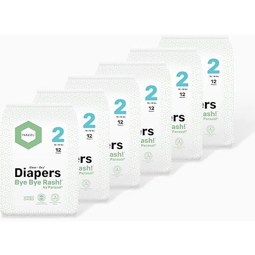 PARASOL Clear+Dry Disposable Diapers | RashShield Protection, Leakproof Design, Hypoallergenic Diaper Set | Size 2 (10-18 lbs.) 72 Count