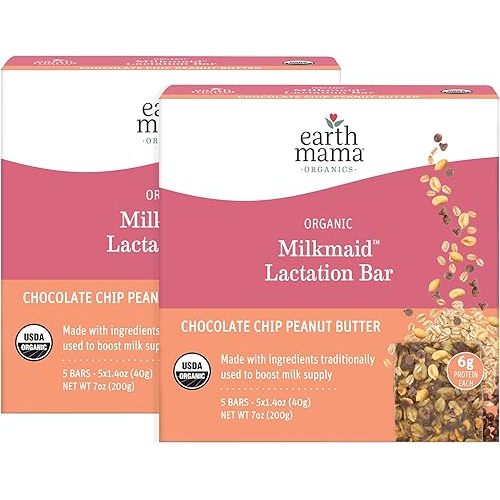 Earth Mama Organic Milkmaid® Lactation Bars, Chocolate Chip Peanut Butter, 5 Count – Certified Organic by Oregon Tilth Breastfeeding Snacks Made with Ingredients Traditionally Used to Boost Breastmilk Supply (5 Count (Pack of 2), Chocolate Peanut Butter)