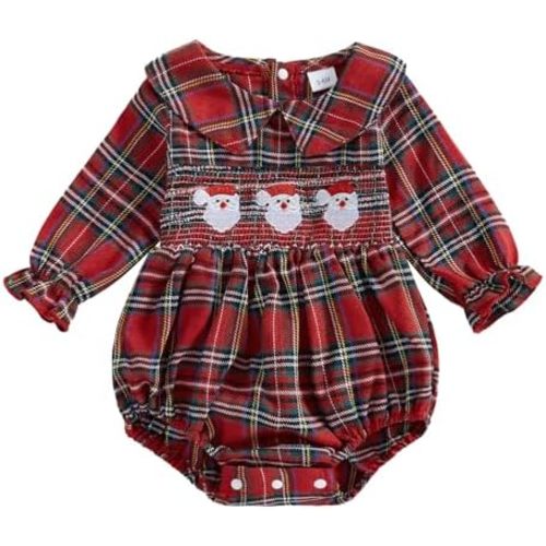 Adobabirl Baby Girl Christmas Outfit Santa Claus Bubble Romper Long Sleeve Embroidery Plaid Jumpsuit Cute Christmas Clothes