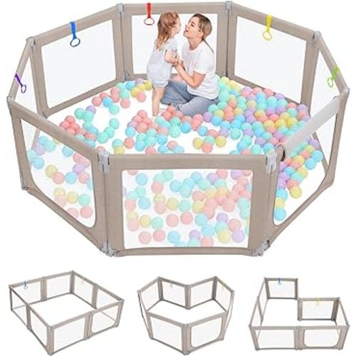Dripex Foldable Baby Playpen, 71"×69" Play Pens for Babies and Toddlers, Safe Anti-Fall Play Yard with Gates, Baby Fence with Breathable Mesh, Indoor & Outdoor Kids Activity Center, Khaki