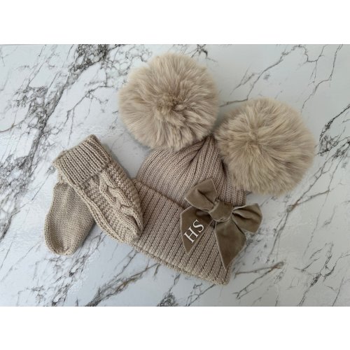 Personalised Baby Toddler Double Pom Pom Hat & Mittens | Ribbed Knitted Winter Beanie Hat With Bow | Baby Infant 0-12 months | Newborn Gift.